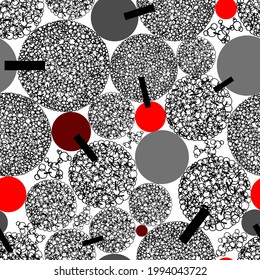 Seamless pattern of textured circles and red, burgundy and grey circles. Suitable for background, wallpaper, wrapping paper templates.