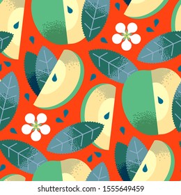 Seamless pattern of textured green apples fruit, apple flower, leaves, seeds on bright red background