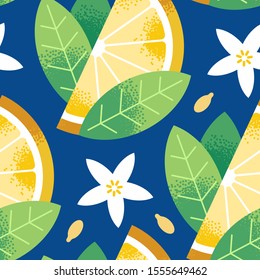 Seamless pattern of textured lemon, citrus, flowers, seed, leaves