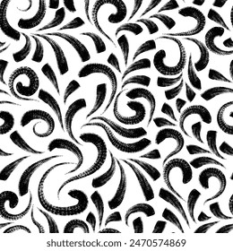 Seamless pattern with textured lines and curls. Black grunge curves printmaking texture. Abstract background with brush strokes. Great for textile, fabric, wallpaper, wrapping, scrapbook and packaging