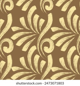 Seamless pattern with textured lines and curls. Beige grunge curves printmaking texture. Vintage background with brush strokes. Great for textile, fabric, wallpaper, wrapping, scrapbook and packaging