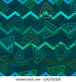 Seamless pattern with textured messy grunge triangles