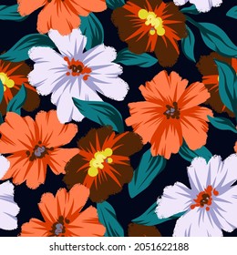 Seamless pattern with textured orange flowers. Vector