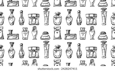Seamless pattern of textured outline drawings collection different parfum bottles, vector background for paper,wrapper