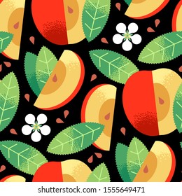 Seamless pattern of textured ripe red apples fruit, apple flower, leaves, seeds on bright red background