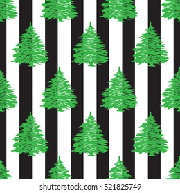 Seamless pattern with textured spruces on the striped background.Green and white