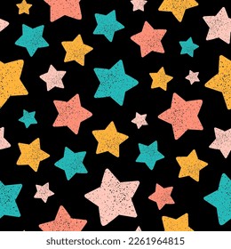 Seamless pattern with textured stars and black background