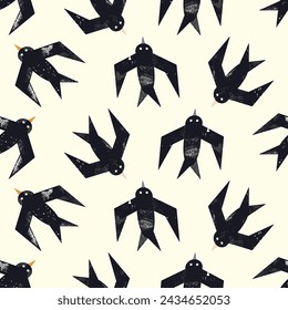 Seamless pattern with textured swallows. Stamp technique. Vector birds, background, print, design