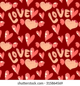 seamless pattern with textured text "love" and hearts.