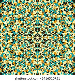 Seamless pattern with textured tricolor mandala on a black background. Vector illustration