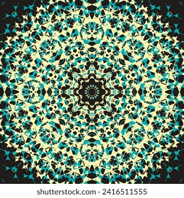 Seamless pattern with a textured two-color mandala on a black background. Vector illustration