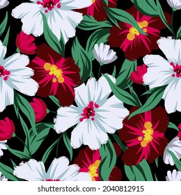 Seamless pattern with textured white and red flowers. Vector