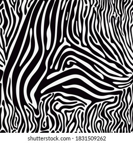 Patrón sin brillo texturado con la huella de piel de cebra. Ilustración vectorial para textiles, papel pintado, fondo, tela, textura. Blanco y negro.