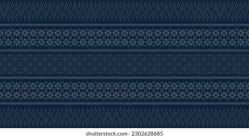 Seamless Pattern  of Thai ethnic weaving, Vector illustration. Light and gray element on navy blue background. Abstract weaving in Thai local style. For all over printing fabric wallpaper cover