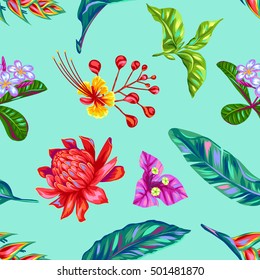 Seamless pattern with Thailand flowers. Tropical multicolor plants, leaves and buds.