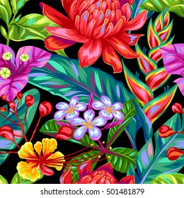 Nahtloses Muster mit thailändischen Blumen. Tropische mehrfarbige Pflanzen, Blätter und Knospen.