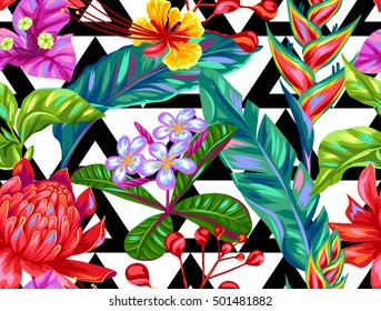 Seamless pattern with Thailand flowers. Tropical multicolor plants, leaves and buds.