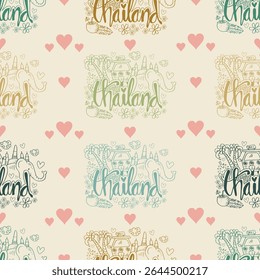 Seamless pattern with thailand travel illustration with elephants, hearts and flowers