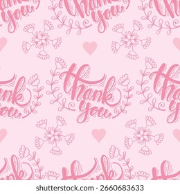 Seamless pattern with thank you lettering, hearts and flowers. Hand drawn vector illustration.