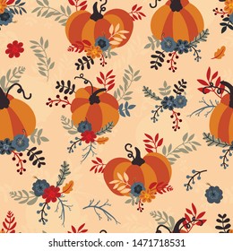 Seamless pattern for thanksgiving celebration. Vector of hand drawn illustration with ripe pumpkin and floral.