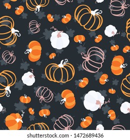 Seamless pattern for thanksgiving celebration. Vector of hand drawn illustration with ripe pumpkin on background maple leaves.