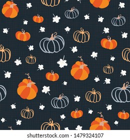 Seamless pattern for thanksgiving celebration. Vector of hand drawn illustration with ripe pumpkin and white maple leaves on textured background.