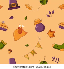 Seamless pattern of thanksgiving day in flat style isolated on orange background. Background and texture of celebrating with family. Vector illustration