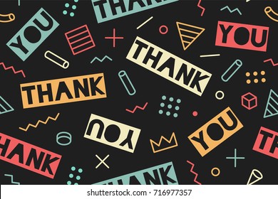 Seamless pattern for Thanksgiving Day. Seamless graphic pattern 90s trendy style on black background with text Thank You. Colorful pattern with different shapes objects for wrapping paper. Vector - Shutterstock ID 716977357