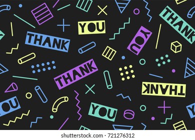 Seamless pattern for Thanksgiving Day. Seamless graphic pattern 90s trendy style on black background with text Thank You. Pattern with different shapes objects for wrapping paper. Vector illustration