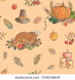 Seamless pattern for Thanksgiving day. Hand drawn watercolor elements