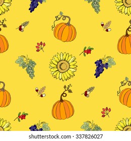 Seamless pattern for Thanksgiving  decoration.  Hand drawn elements with pumpkin, corn, grapes, maple.Vector Illustration
