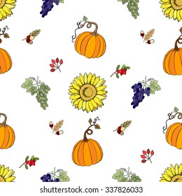 Seamless pattern for Thanksgiving  decoration.  Hand drawn elements with pumpkin, corn, grapes, maple.Vector Illustration