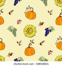 Seamless pattern for Thanksgiving  decoration.  Hand drawn elements with pumpkin, corn, grapes, maple.Vector Illustration