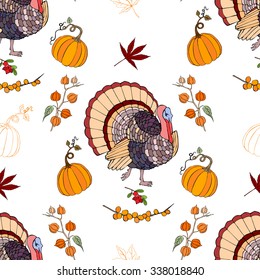 Seamless pattern for Thanksgiving  decoration.  Hand drawn elements with pumpkin, corn, grapes, maple.Vector Illustration