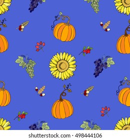 Seamless pattern for Thanksgiving  decoration.  Hand drawn elements with pumpkin, corn, grapes, maple.Vector Illustration
