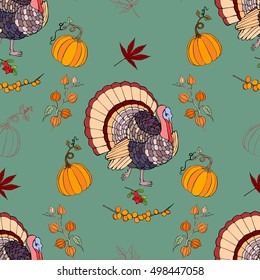 Seamless pattern for Thanksgiving  decoration.  Hand drawn elements with pumpkin, corn, grapes, maple.Vector Illustration

