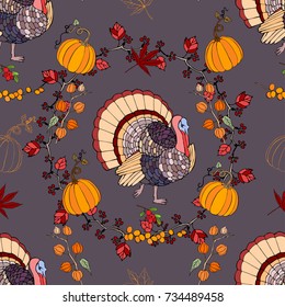 Seamless pattern with Thanksgiving  decoration.  Hand drawn elements with pumpkin, corn, grapes, maple.Vector Illustration