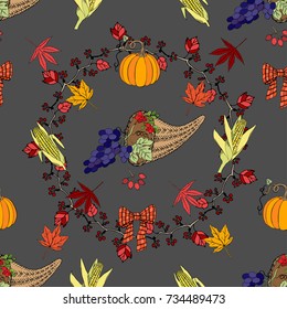 Seamless pattern with Thanksgiving  decoration.  Hand drawn elements with pumpkin, corn, grapes, maple.Vector Illustration