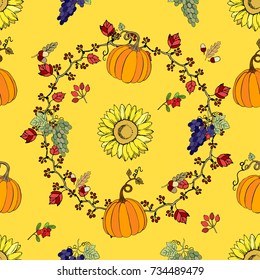 Seamless pattern with Thanksgiving  decoration.  Hand drawn elements with pumpkin, corn, grapes, maple.Vector Illustration