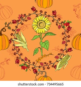 Seamless pattern with Thanksgiving  decoration.  Hand drawn elements with pumpkin, corn, grapes, maple.Vector Illustration
