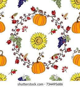 Seamless pattern with Thanksgiving  decoration.  Hand drawn elements with pumpkin, corn, grapes, maple.Vector Illustration
