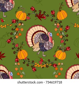 Seamless pattern with Thanksgiving  decoration.  Hand drawn elements with pumpkin, corn, grapes, maple.Vector Illustration