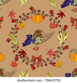 Seamless pattern with Thanksgiving  decoration.  Hand drawn elements with pumpkin, corn, grapes, maple.Vector Illustration