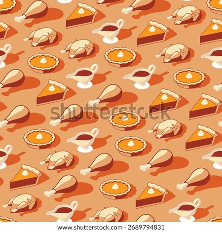 Seamless pattern of thanksgiving dinner with turkey, chicken, pie, gravy, and chicken