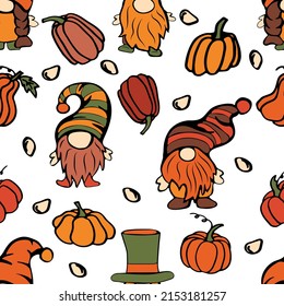 Seamless pattern with thanksgiving gnomes and pumpkins. Suitable for textile, fabric, wallpaper, wrapping. Vector illustration.