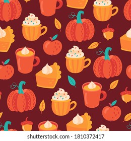 Patrón sin foco para las vacaciones de Acción de Gracias con calabaza de café con leche y tarta de calabaza. Fondo infantil para tela, papel envolvente, papel textil, papel pintado y ropa. Ilustración vectorial