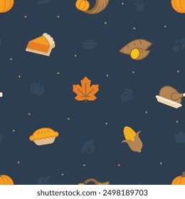 Seamless pattern of thanksgiving related things on dark blue background