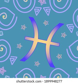 A seamless pattern that can be used to create birthday gift bags for those born in the zodiac sign Pisces. The main color is light blue. Stylized Pisces, Starfishes And Zodiac Sign.