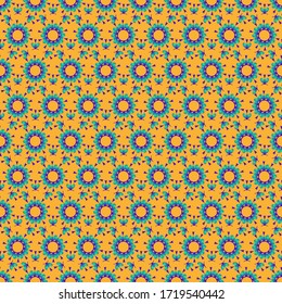 A seamless pattern that consists of abstract shapes similar to flowers of different colors, such as purple, blue, green colors on an orange background.