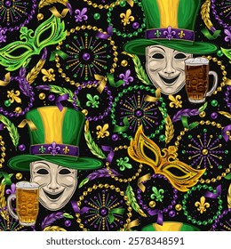 Seamless pattern with theatrical comedy face mask in green tall hat, scattered fleur de lis, strings of beads, confetti. Mardi Gras carnival design. Vintage illustration for holiday, party design